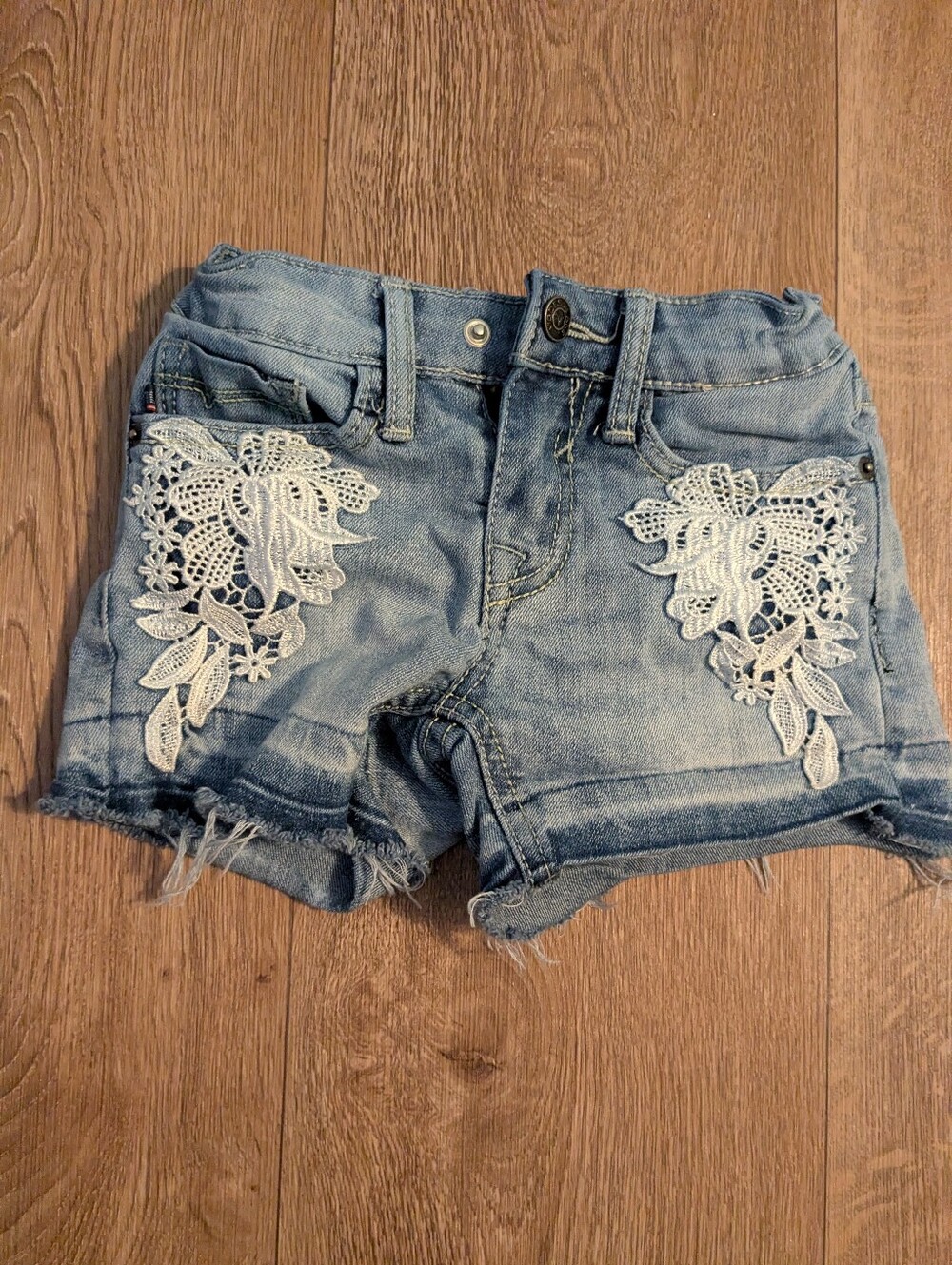 Light Blue Denim Girls Lace-Appliqué Shorts